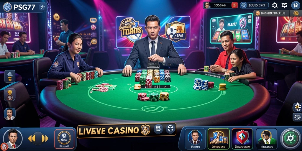 Screenshot gameplay PSG77 menampilkan dealer profesional dalam aksi di meja kasino.