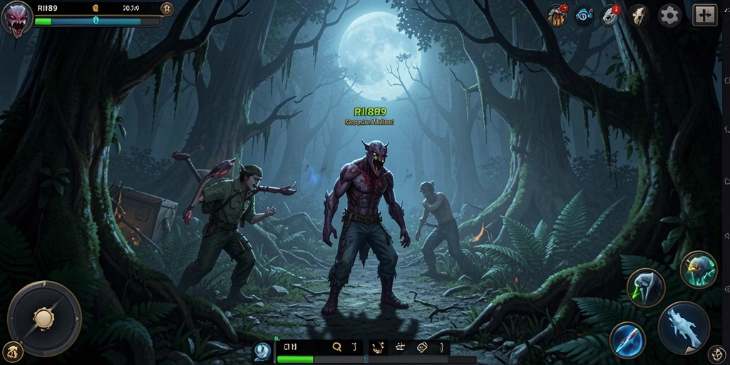 Tangkapan layar dari gameplay menegangkan RI889 di tengah hutan yang mencekam.