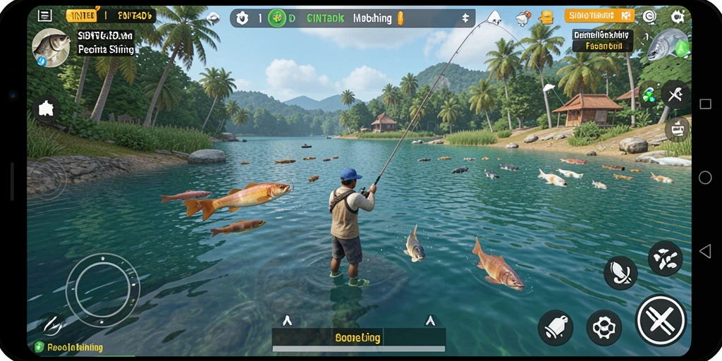 Screenshot gameplay SINTE4D menampilkan aksi seru saat memancing.